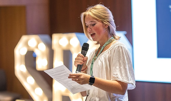 SBC-Headington-female-student-doing-time-to-shine-presentation