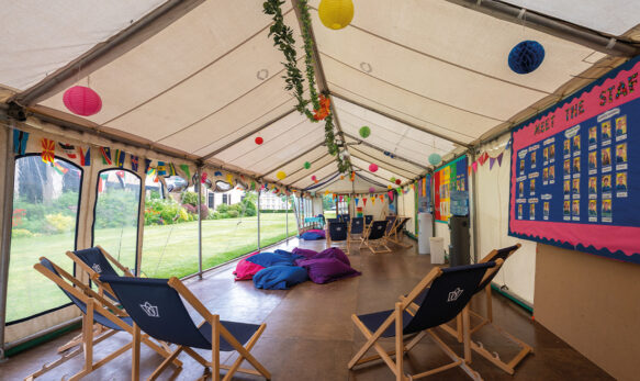 Space at SBC Canford for students to relax on deck chairs and bean bags